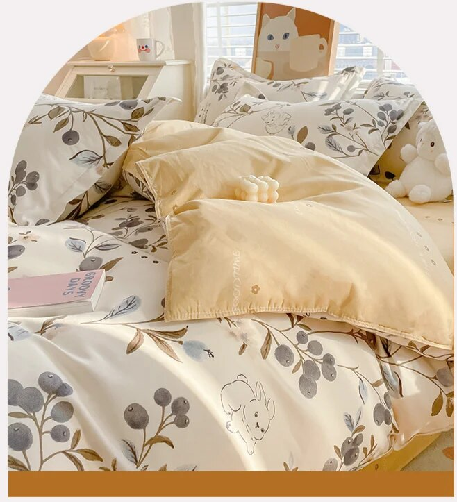 Quattro pezzi di biancheria da letto stampati in cashmere vegetale in stile pastorale estivo, lenzuola fresche per dormitori studenteschi, set da tre pezzi_voghion.com