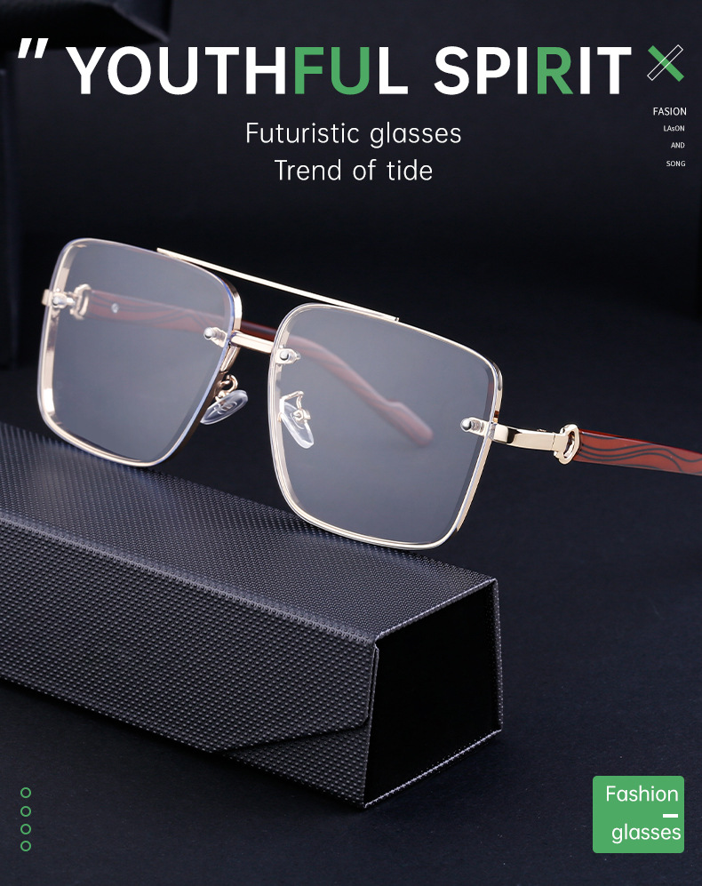 2024 Neue europäische und amerikanische Vintage-Doppelstrahl-Sonnenbrille aus Metall für Herren, Spiegelbeine aus Holzimitat, Anti-Blaulicht-Sonnenbrille für Herren_voghion.com