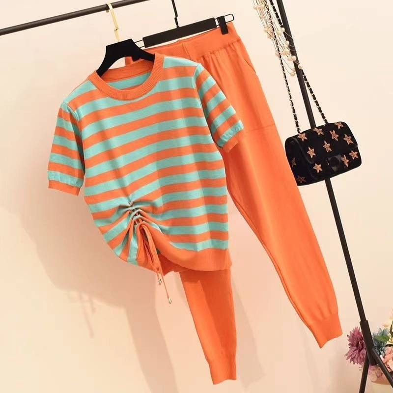 Women's Clothing Knitted Casual Fashionable Striped Drawstring Short Sleeve Knitted Pants_voghion.com
