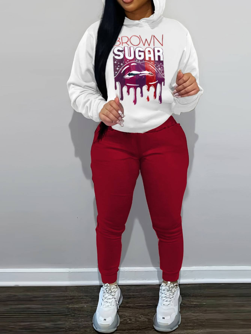 Plus Size Lips Letter Print Kangaroo Pocket Tracksuit Autumn Winter Long Sleeve Hoodies & Drawstings Pants Set For Women_voghion.com