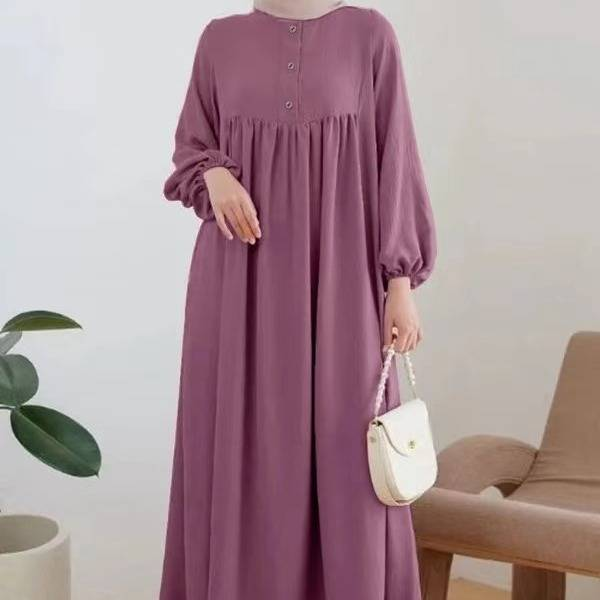 Damenbekleidung Muslimischer zweiteiliger Anzug für Damen, neuer einfarbiger langärmeliger Rundhals-Shirt-Bademantel, lockerer Hosenanzug mit weitem Bein_voghion.com