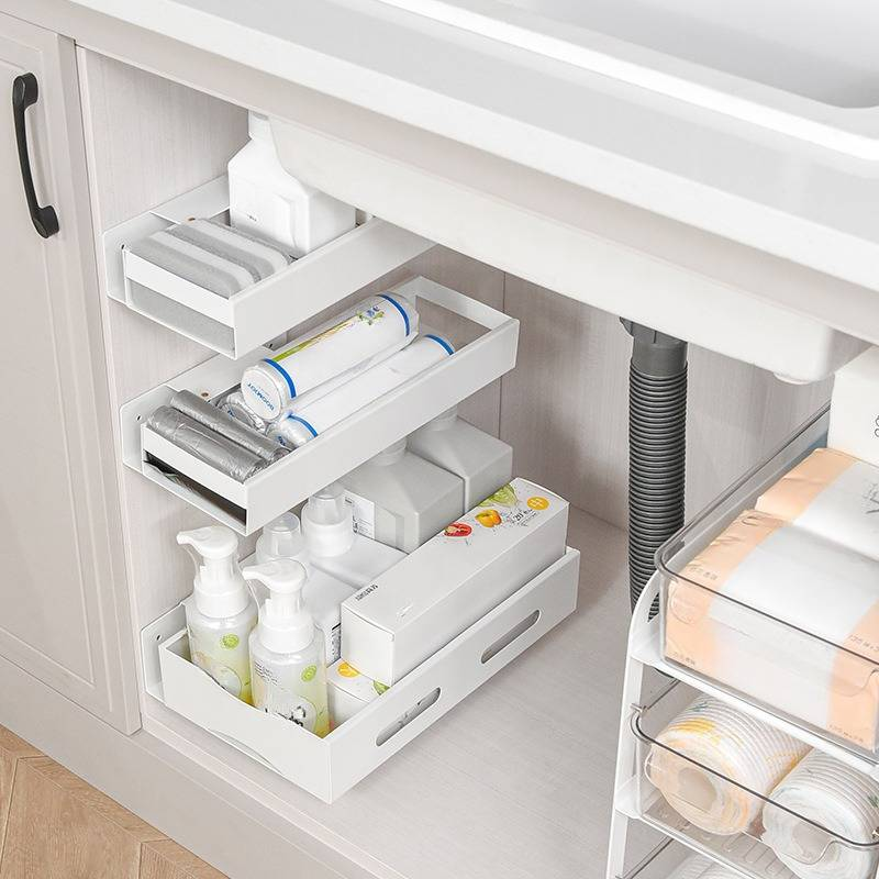 Organisateur familial sans perçage, armoire coulissante, panier de rangement réglable sous l'évier avec rails coulissants en douceur, cadre en fer robuste pour coin de cuisine_voghion.com