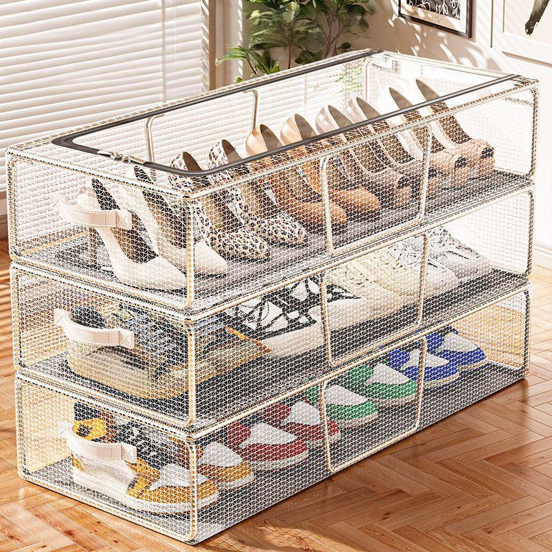 Průhledné plastové úložné boxy na boty, stohovatelné, balení po 6 kusech s průhledným víkem, design pod postelí pro tenisky, boty, prachotěsný skládací organizér_voghion.com
