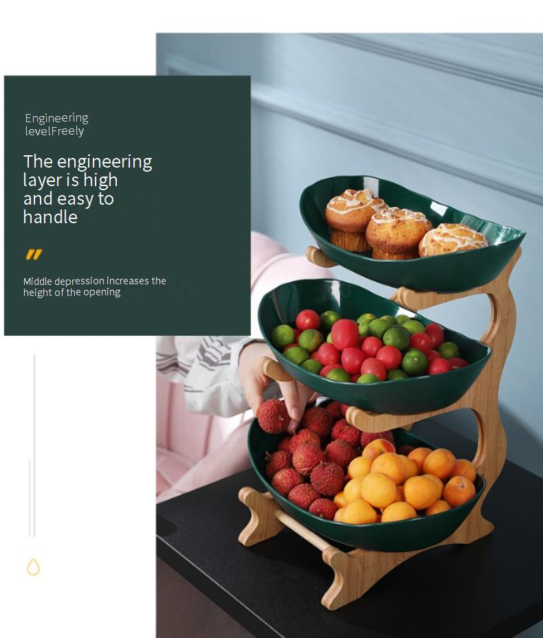Vassoio portafrutta in bambù - Supporto moderno per snack a 3 livelli per soggiorno (elegante decorazione per la casa e per feste)_voghion.com