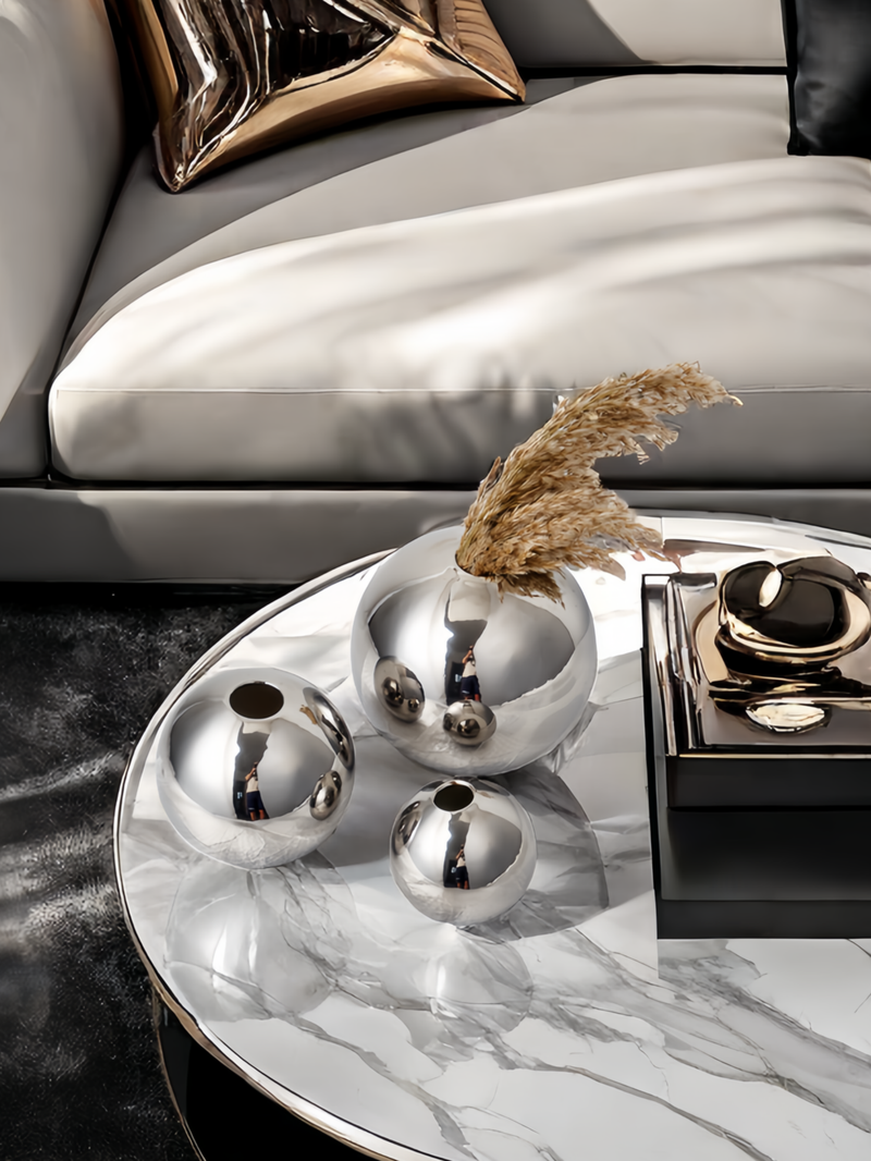 Vase rond en céramique argenté de style luxueux, idéal pour un salon, une entrée, un balcon ou une composition florale_voghion.com