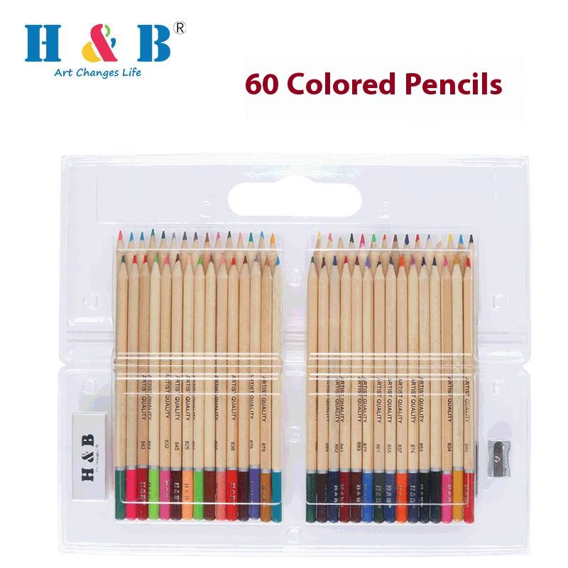 Set di matite colorate H&B da 60 colori con anima in legno - Kit per schizzi e disegno A3 con custodia in plastica, ideale per artisti e studenti_voghion.com