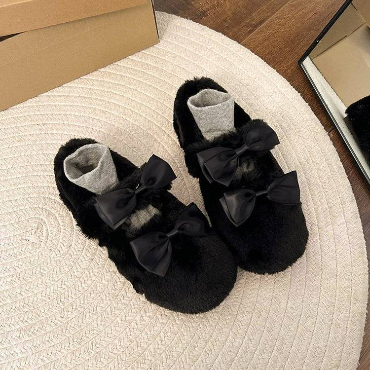 Nuove scarpe da donna autunno/inverno 2025.1 con doppio fiocco e scarpe in cotone felpato, senza calzini_voghion.com