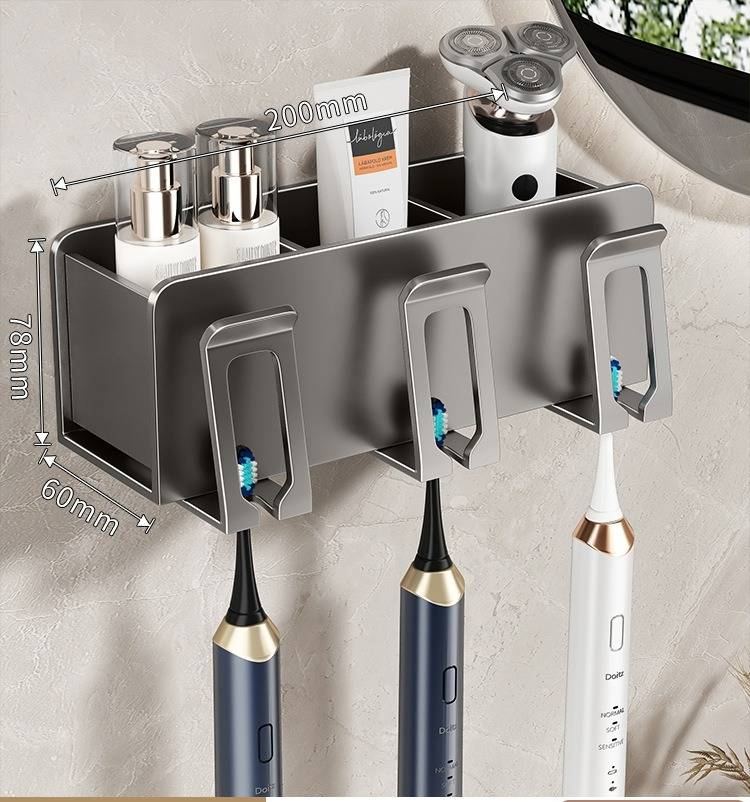 Gun Grey Wall-Mounted Toothbrush Holder With Detachable Toothpaste Squeezer & Matching Cups - Space-Saving Bathroom Organizer For Family Of 2/3/4_voghion.com