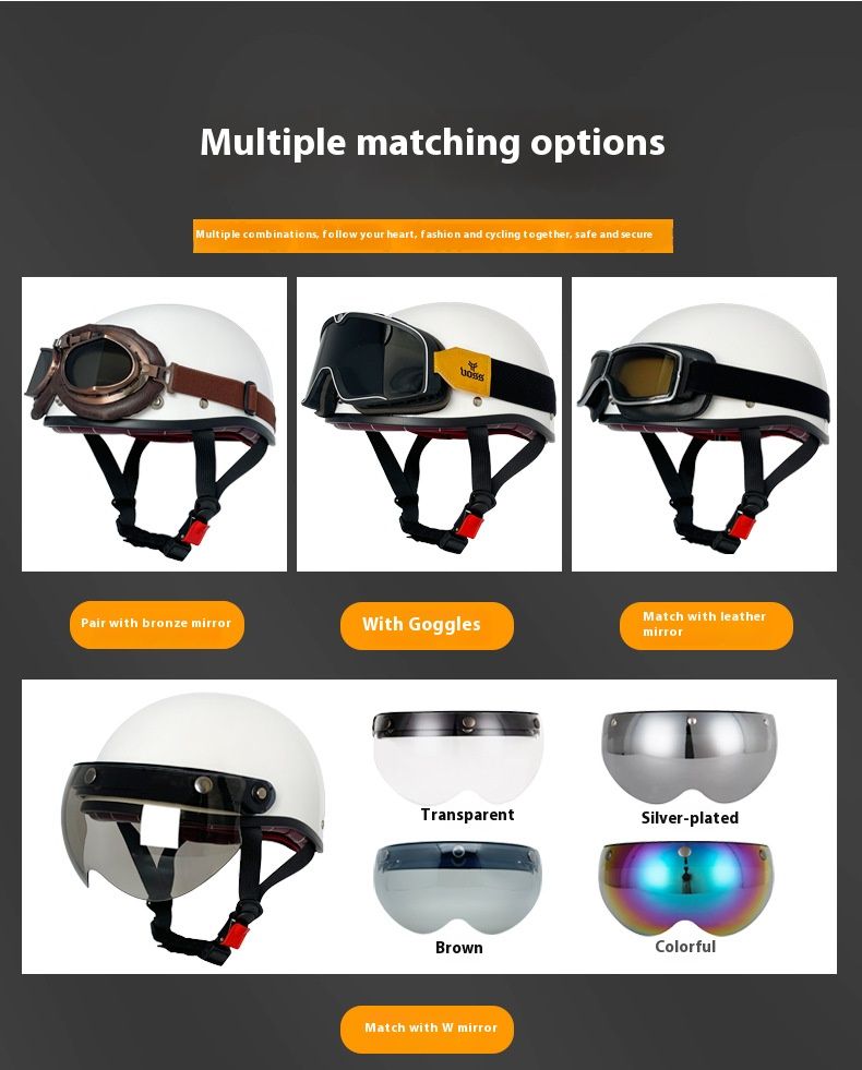 3C-gecertificeerde retro-halve helm voor motorfietsen en scooters - Lichtgewicht ABS+PC-schaal - Vintage en moderne stijlen - Meerdere kleur- en vizieropties_voghion.com