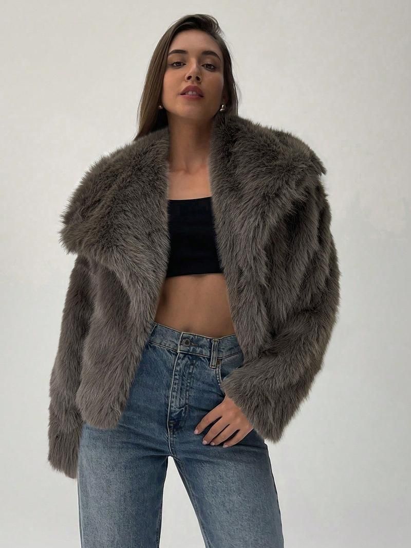 Kurze Kunstpelzjacke – Trendiger Oversize-Reversmantel für Damen (S-XXL, Schwarz/Grau/Anthrazit/Burgunderrot/Weiß, leichte Wärme)_voghion.com