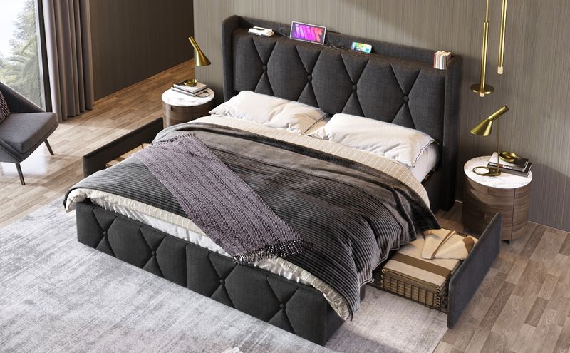Cadre de lit double avec rangement 140 x 200 cm, avec port USB, tête de lit capitonnée et 4 tiroirs, sommier à lattes en bois gris (avec matelas)_voghion.com