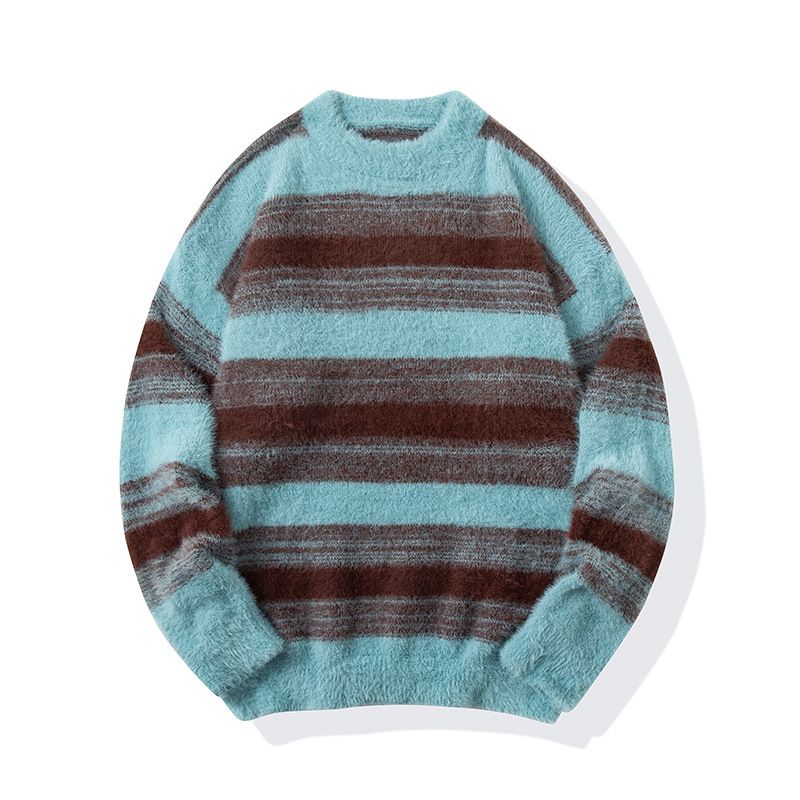 Swea men's new unisex autumn and win mountain style contrasting color striped casual loose round neck knitted_voghion.com