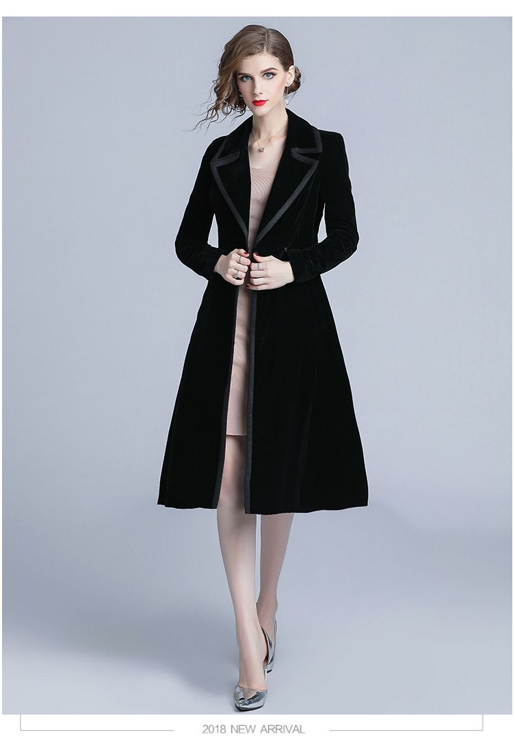 Trench in velluto nero di media lunghezza da donna, modello Dea, primavera e autunno, di Socialite Fashion_voghion.com
