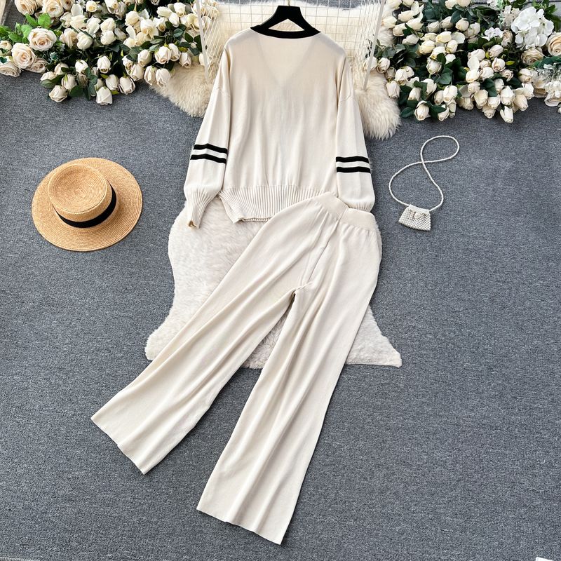 Women's Clothing Hong Kong style chic casual loose versatile knitted cardigan tops women's autumn two piece set high waist slim wide leg trousers_voghion.com