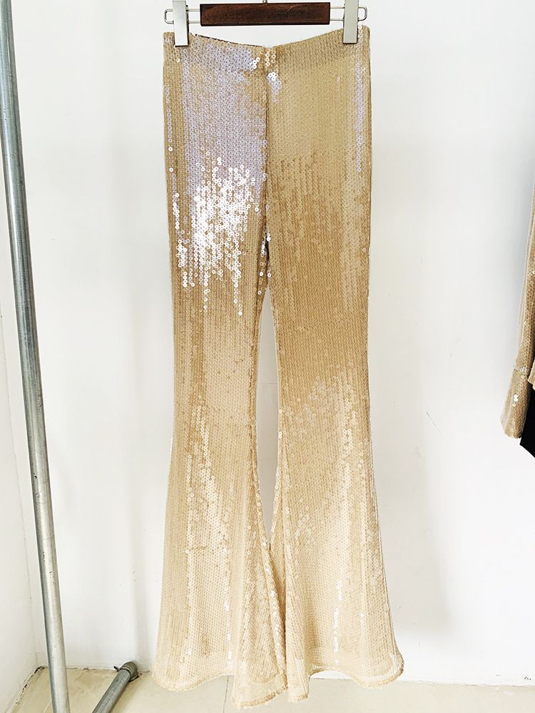 Ropa de mujer, moda estrella, mangas trompeta divididas, camisa de malla con cuentas y lentejuelas transparentes, pantalones acampanados_voghion.com