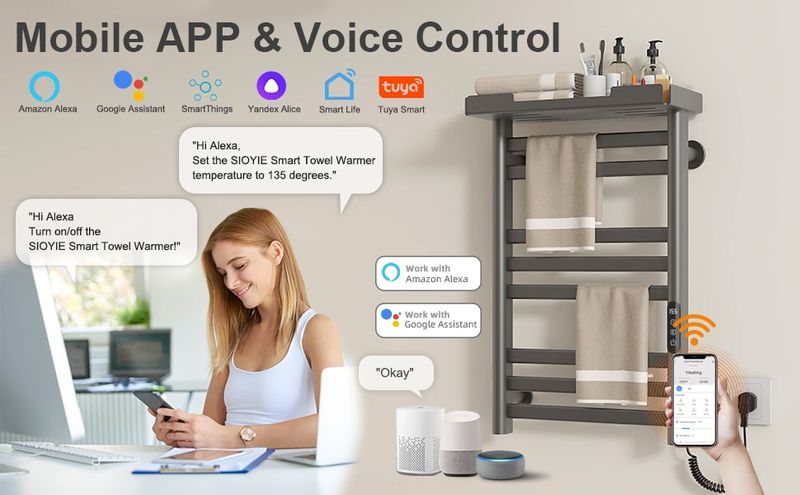 SIOYIE Heated Towel Rack With Shelf And Wi-Fi App Control, 8 Bars Electric Wall Mounted Towel Warmer With Timer & Adjustable Temperature, Low Carbon Steel, Plug-in/Hardwired, Gray_voghion.com