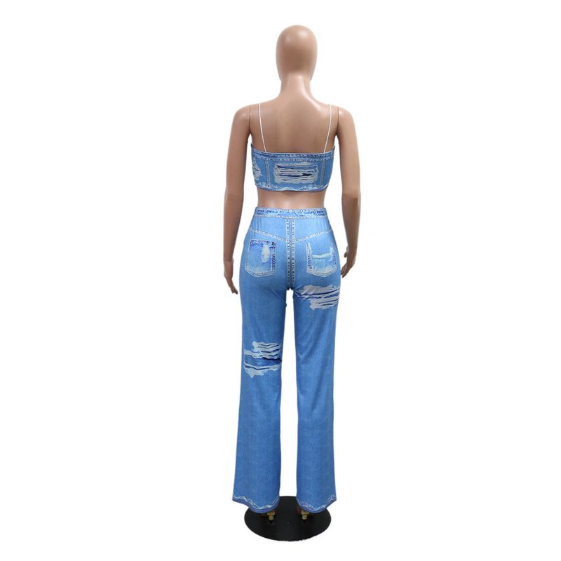 Conjunto de top corto sin mangas y pantalón acampanado: conjunto estampado de dos piezas para mujer_voghion.com