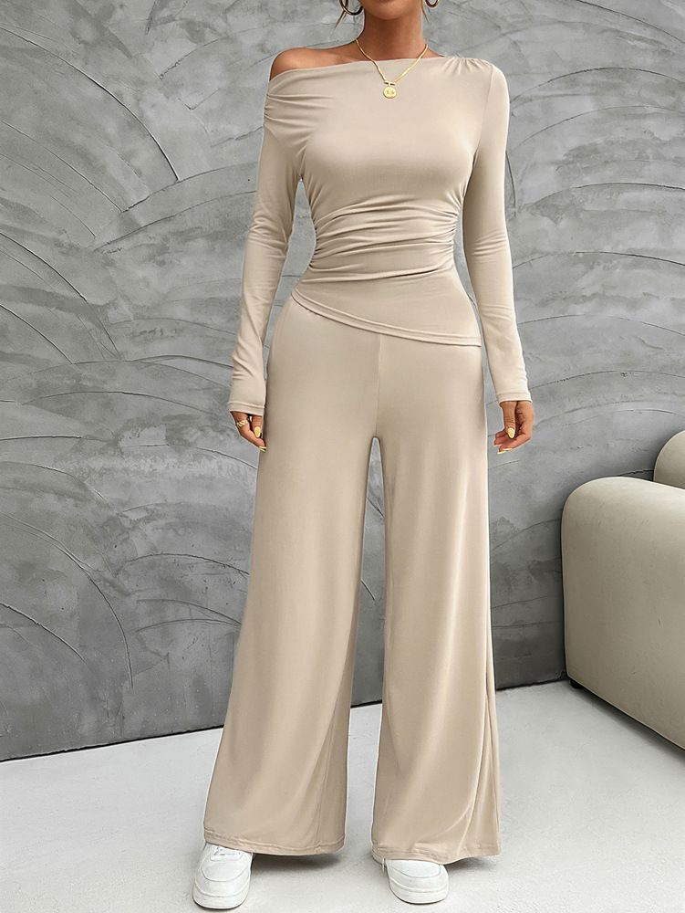 Y2K Damen-Set – Schmales Langarm-Oberteil & Hose mit weitem Bein (S-XL, Schwarz/Dunkelgrau/Khaki/Weinrot/Dunkelgrün/Braun/Dunkelblau)_voghion.com