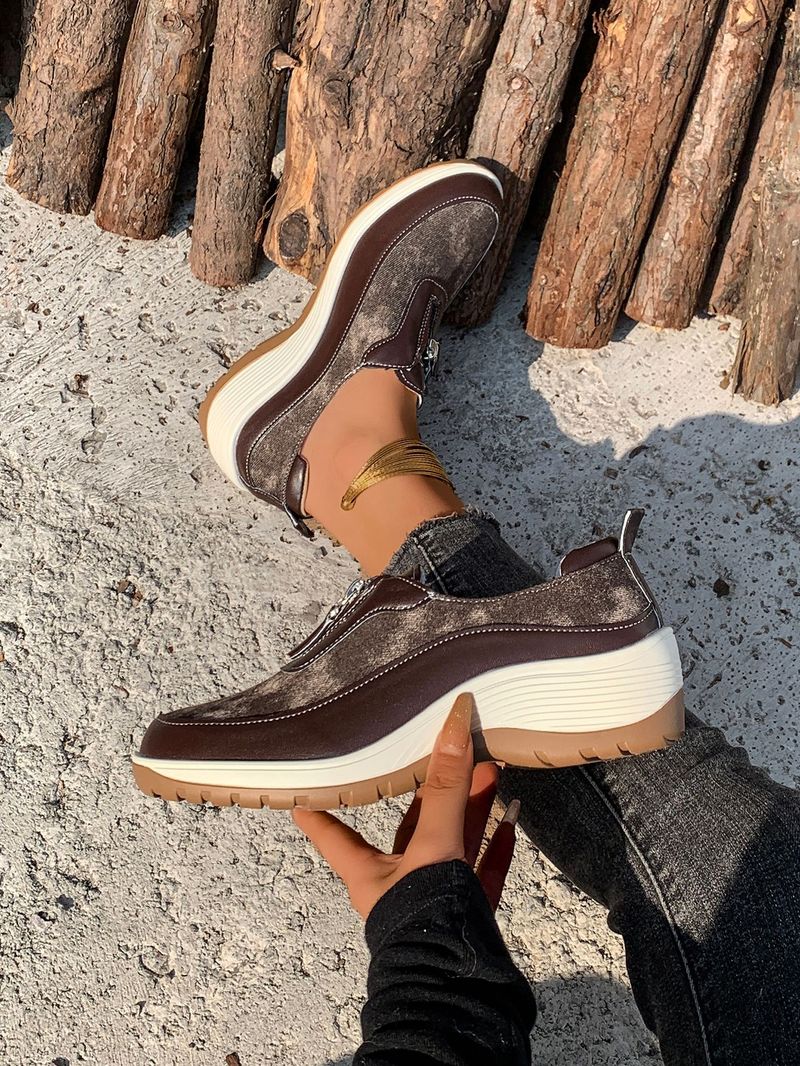 Damenschuhe große Freizeitschuhe farblich passende Leopardenmuster Keilabsatz dicke Sohle runde Zehen Slip-On-Schuhe_voghion.com