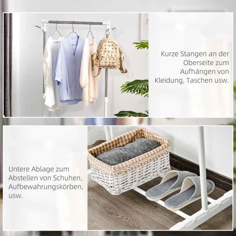 Rollbarer Garderobenständer, Höhenverstellbar, Mit Ablagefach und 4 Rädern, Weiß_voghion.com