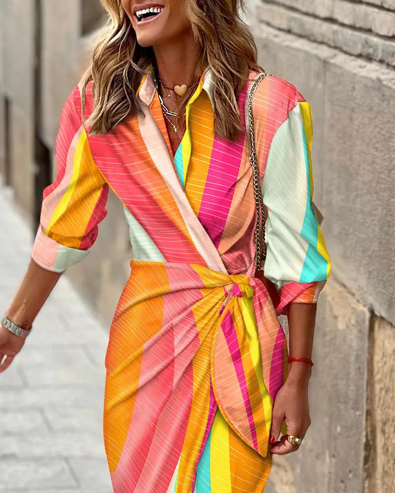 Abito da donna a righe di media lunghezza con stampa alla moda, colletto a camicia, allacciatura_voghion.com