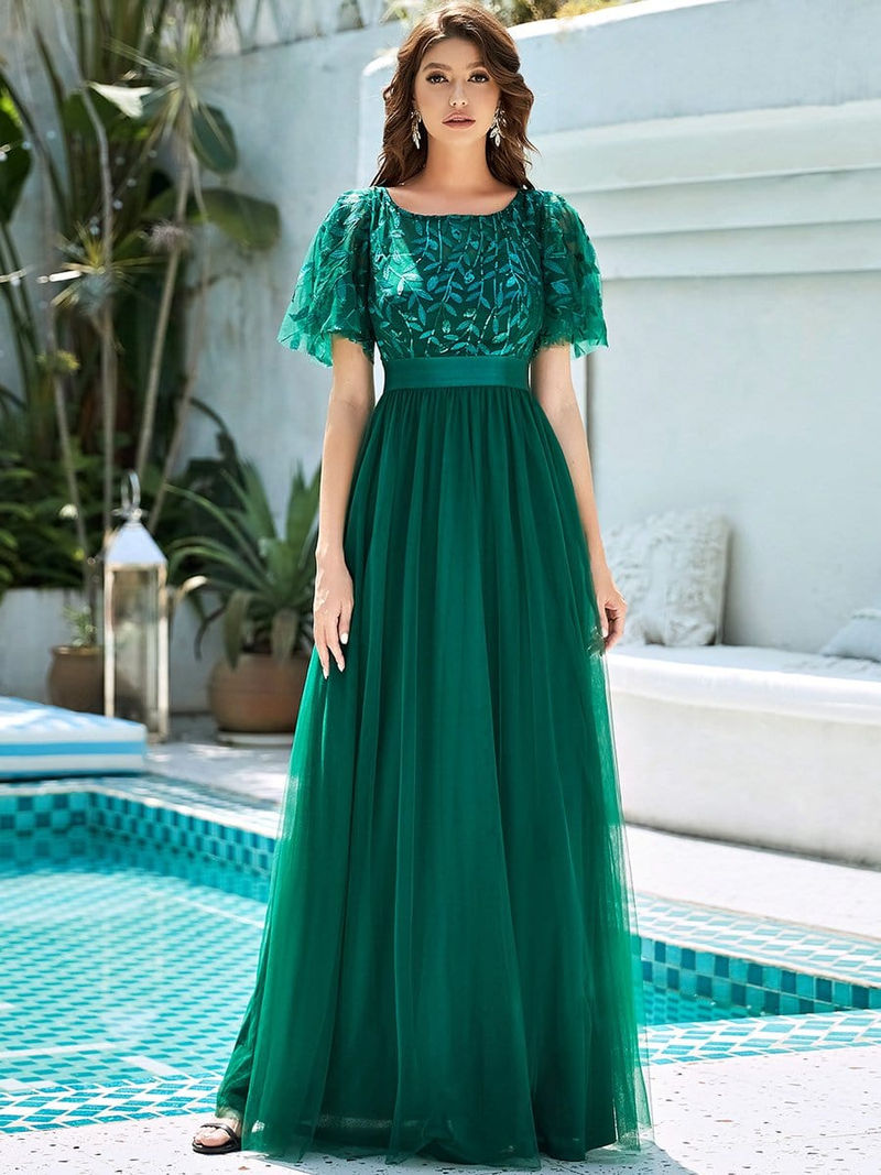 Robe De Soiree Bleščeče večerne obleke, dolge, a-kroja, O-izrez, formalne obleke s kratkimi rokavi, ženske, elegantne obleke, vestido iz tila z bleščicami_voghion.com