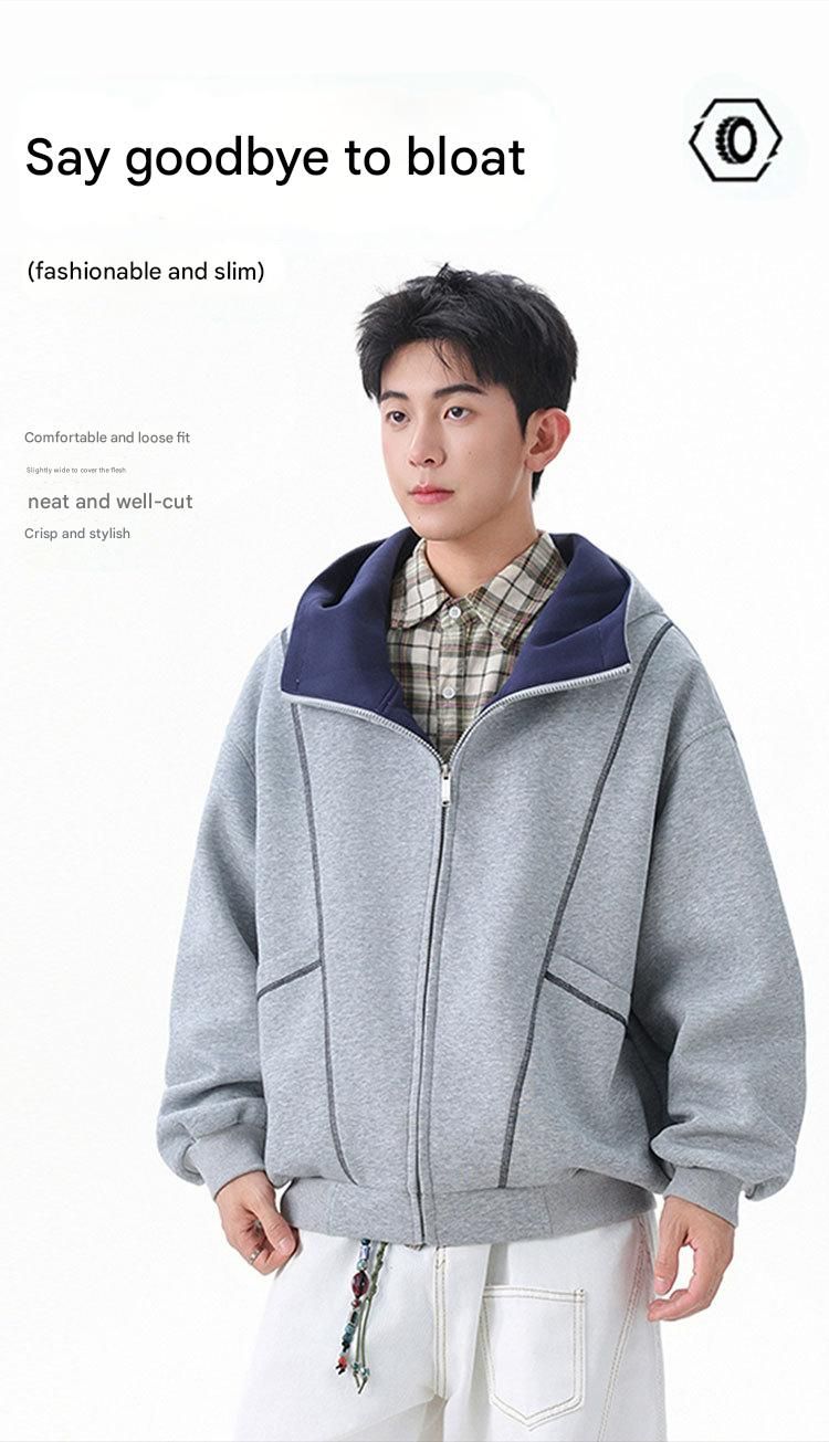 Men's Streetwear Heavyweight Hoodie | Oversized American Style Zip-Up With Contrast Stitching & Air-Layer Design_voghion.com