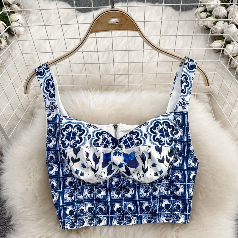 Women's Clothing Casual Celadon Print Camisole Two piece Set High Waist Slim A Line Swing Skirt Summer_voghion.com