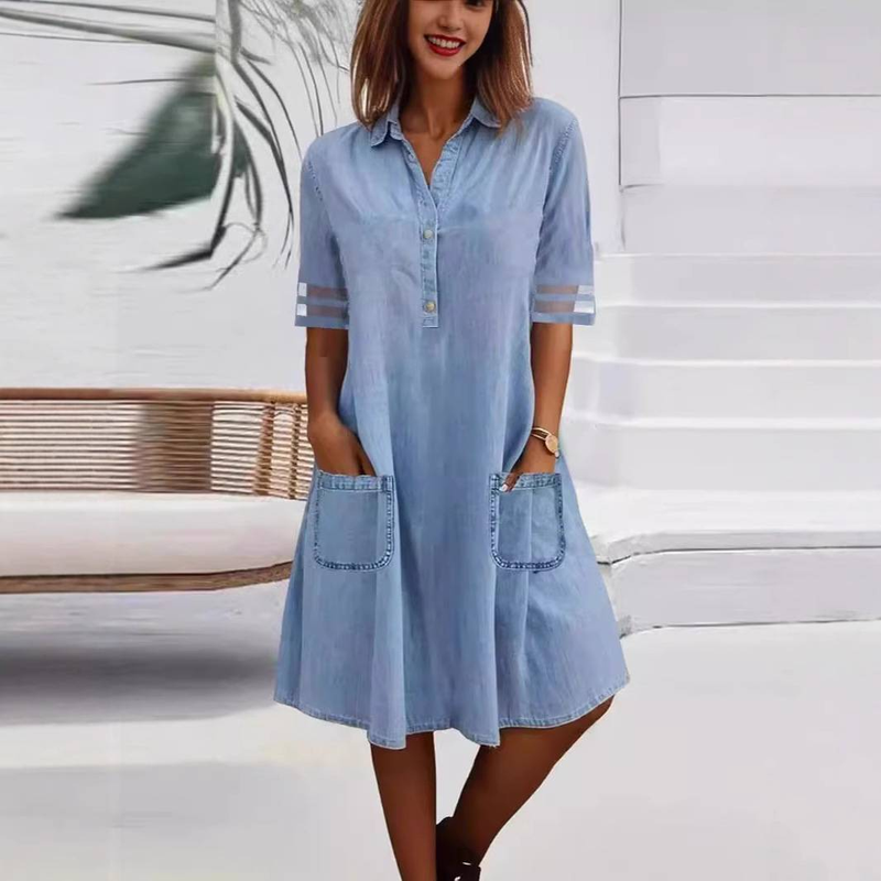 Abito da donna in denim tinta unita con giunture in rete, a maniche corte, con gonna lunga_voghion.com