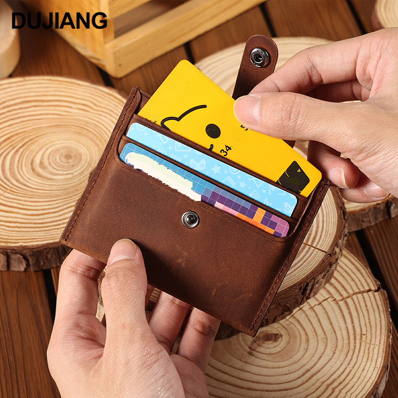 Tarjetero de piel auténtica para hombre, capa superior de piel de vaca, ranuras para múltiples tarjetas, hebilla oculta, tarjetero retro unisex._voghion.com