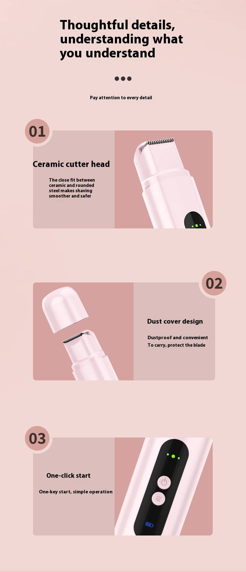 Professional Women's Electric Hair Trimmer For Bikini & Body, Portable USB Rechargeable Shaver With Dual Blades, Pink_voghion.com