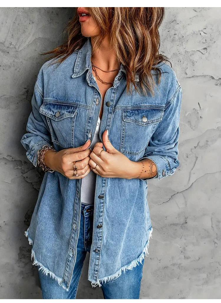 Giacca in denim da donna - Maglia a maniche lunghe con colletto polo oversize per stratificazione (azzurro chiaro, blu scuro)_voghion.com