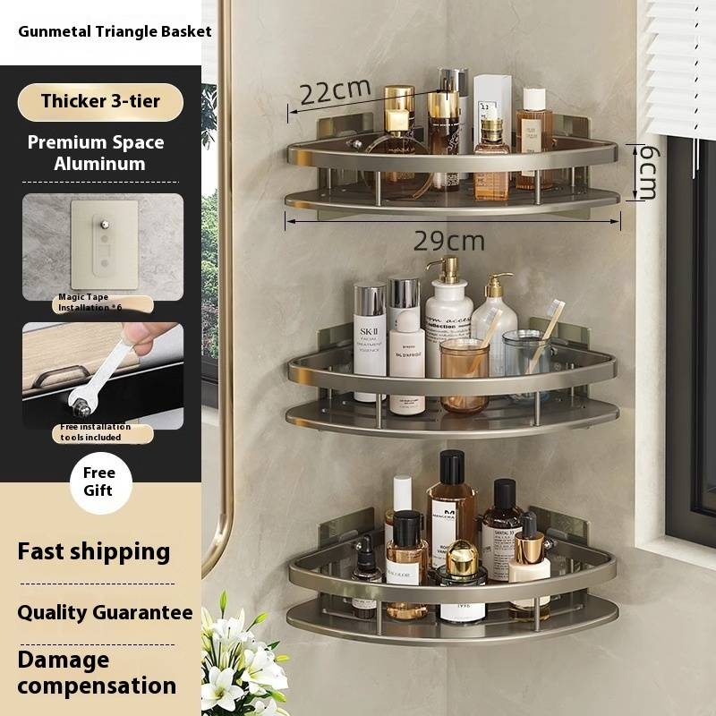 Stabiles Badezimmer-Eckregal ohne Bohren – platzsparender Organizer zur Wandmontage für Dusche, Toilette und Waschbecken_voghion.com