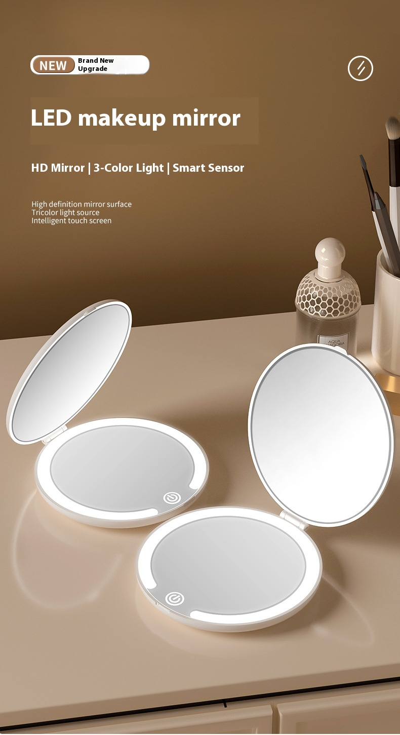 Premium-Geschenkspiegel – Klappbarer Kosmetikspiegel mit individuellem Logo und 3-farbigem LED-Licht (tragbar, über USB wiederaufladbar, ABS-Rahmen, 80 mm Durchmesser)_voghion.com