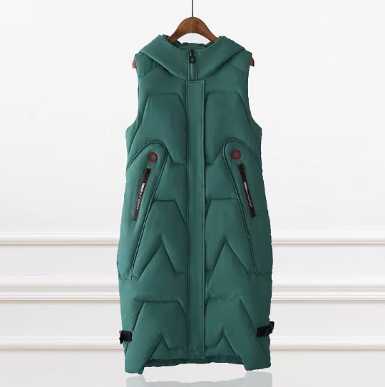 Gilet matelassé à capuche pour femme, longueur genou – Léger, chaud et élégant (noir, vert, beige)_voghion.com