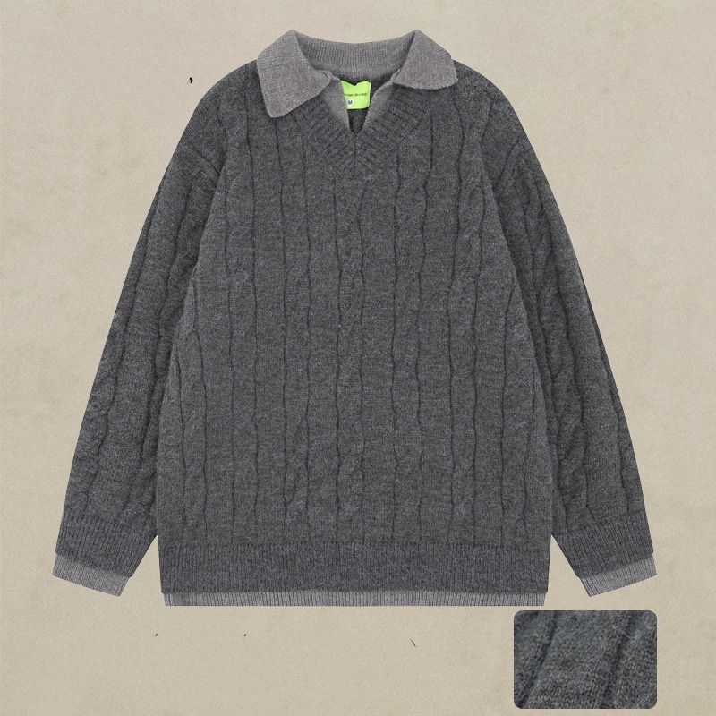 Suéter polo cinza unissex, pulôver de manga comprida com ponto trançado texturizado, peça casual de inverno para usar em camadas_voghion.com