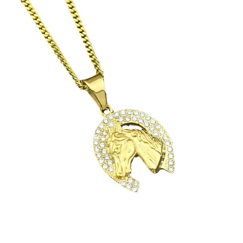 Men's Hip Hop Stainless Steel Horse Head Pendant Necklace With Diamond Accents, Gold Cuban Chain, Statement Jewelry For Men_voghion.com