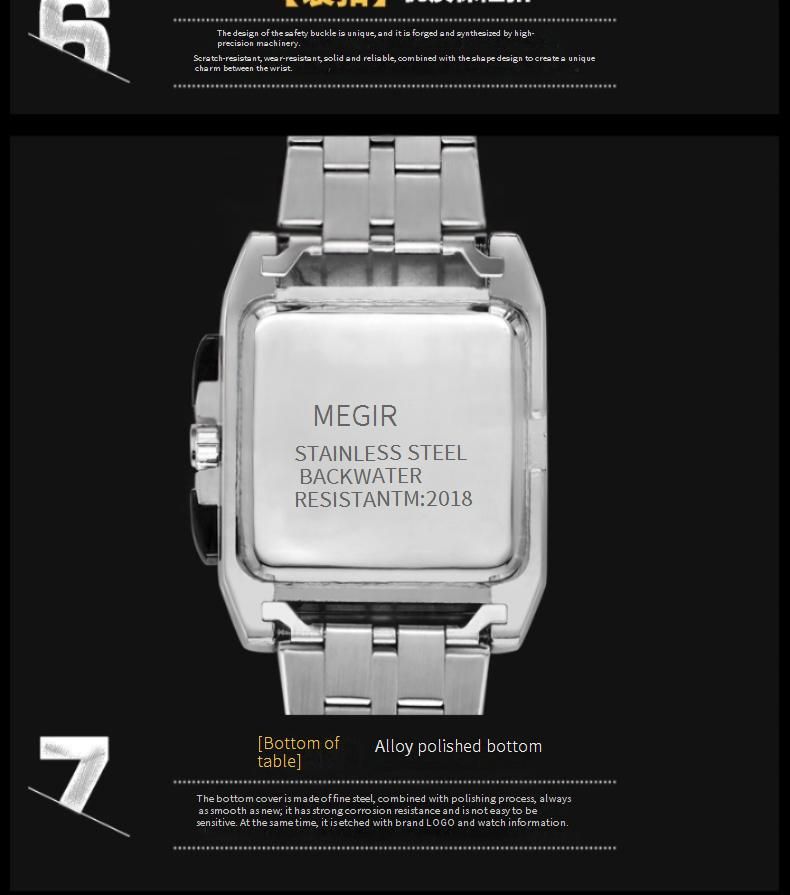 MEGIR Men's Square Watch With Stainless Steel Band, Luminous, Waterproof, Multifunction Sports Watch With Calendar_voghion.com
