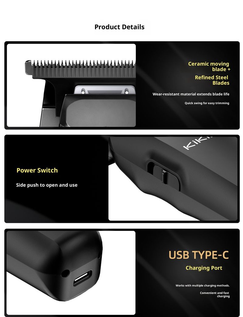 Professioneller Haarschneider – USB-wiederaufladbarer, kabelloser Haartrimmer mit Keramikklinge, LED-Anzeige und 3 Aufsätzen für Herrenhaarschnitte, Bart- und Kopfrasur_voghion.com