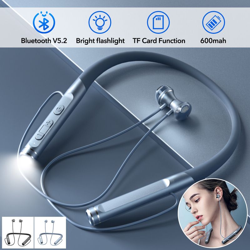 Auriculares inalámbricos Bluetooth con banda para el cuello, deportivos, con micrófono y linterna._voghion.com