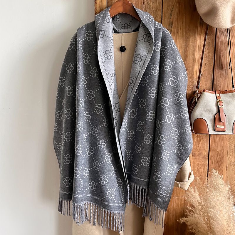Unisex Eşarp Moda Basit Jakarlı Şerit Eşarp Uzun Püskül Yüksek Dereceli Gri Şal_voghion.com