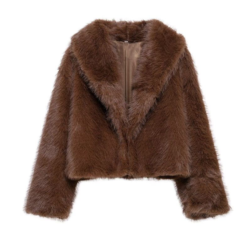 Cappotto in pelliccia sintetica da donna, stile primaverile, oversize, stile streetwear, con tasche, colletto con revers, capospalla in poliestere per outfit casual (marrone, XS/S/M/L)_voghion.com