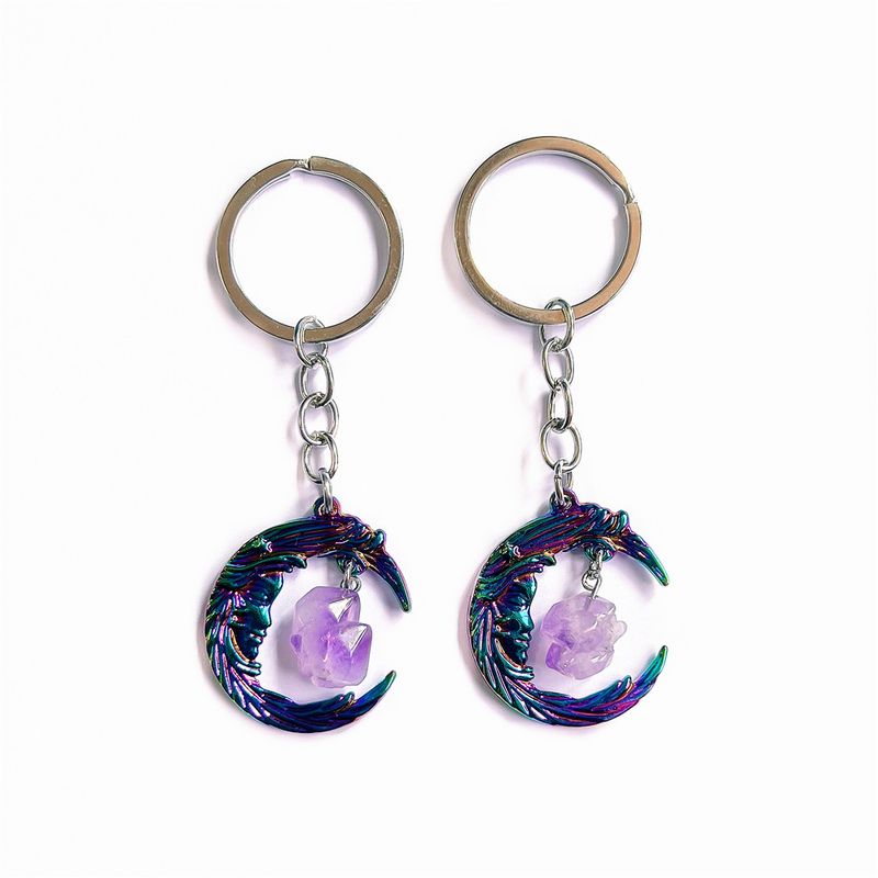 Portachiavi con cristallo viola irregolare naturale a forma di luna, materiale scolastico e per ufficio_voghion.com