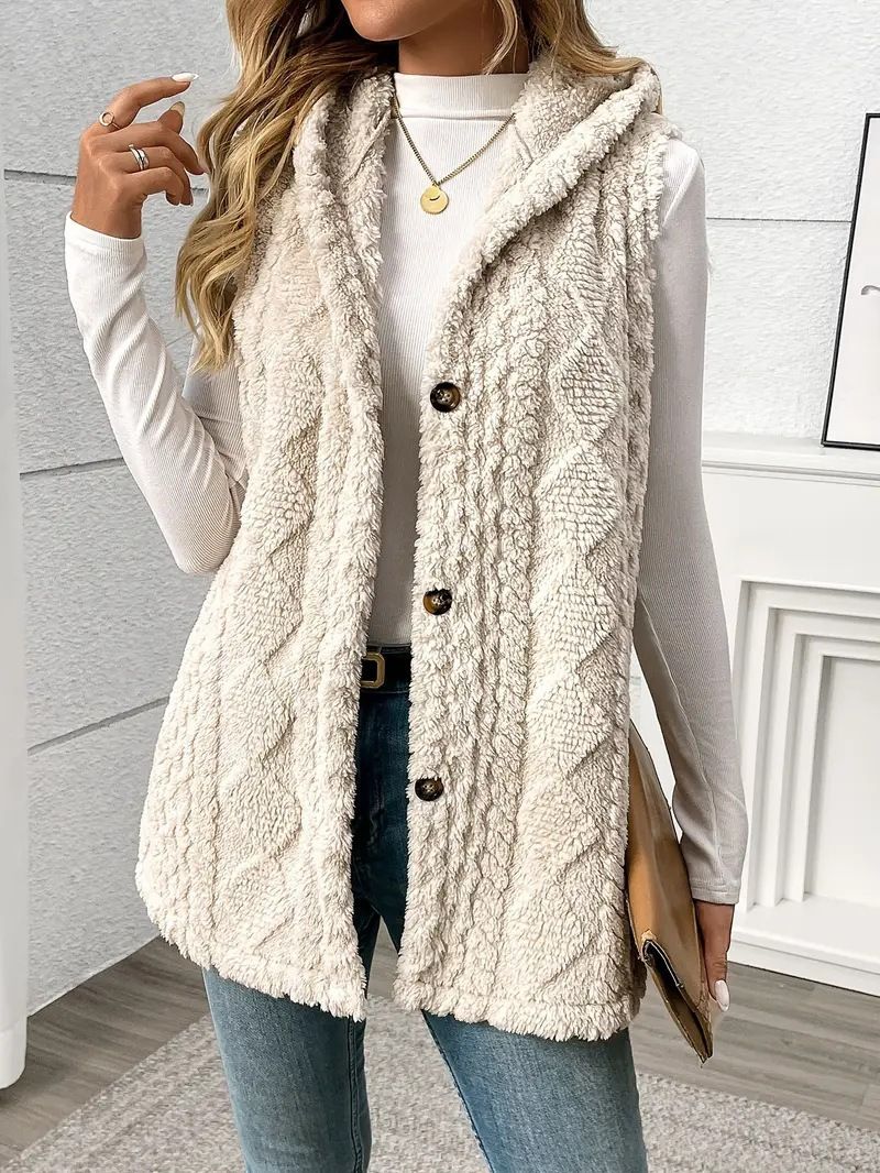 Heißer Verkauf Einfarbig doppelseitige Gefüllte Kapuze Taste Strickjacke Casual Damen Herbst Winter Weste_voghion.com