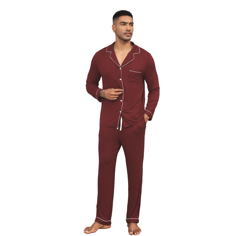 Herrenbekleidung Herren-Pyjama-Set Modal Langarm Revers Einfarbig Strickjacke Offene Herren-Hauskleidung_voghion.com