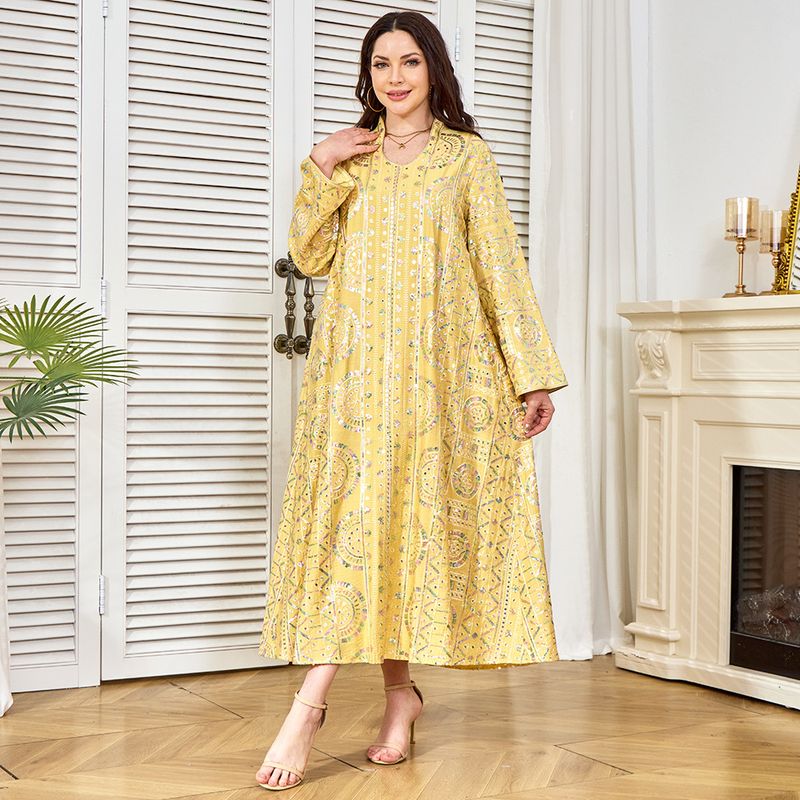 Robe musulmane pour femmes, vêtements d'usine, abayas à manches longues, jupe longue jaune à paillettes_voghion.com