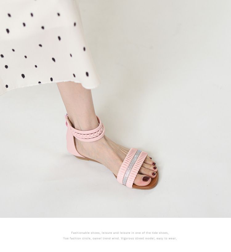 wedge sandals for women round head rhinestone fairy style one-word Roman sandals for women_voghion.com