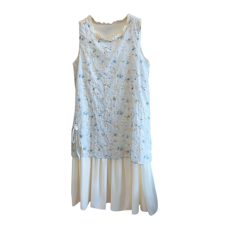 Floral Embroidery New Two-Piece Lace Patchwork Vest For Women 2025 Summer Fresh A-Line Sleeveless Long Dress_voghion.com