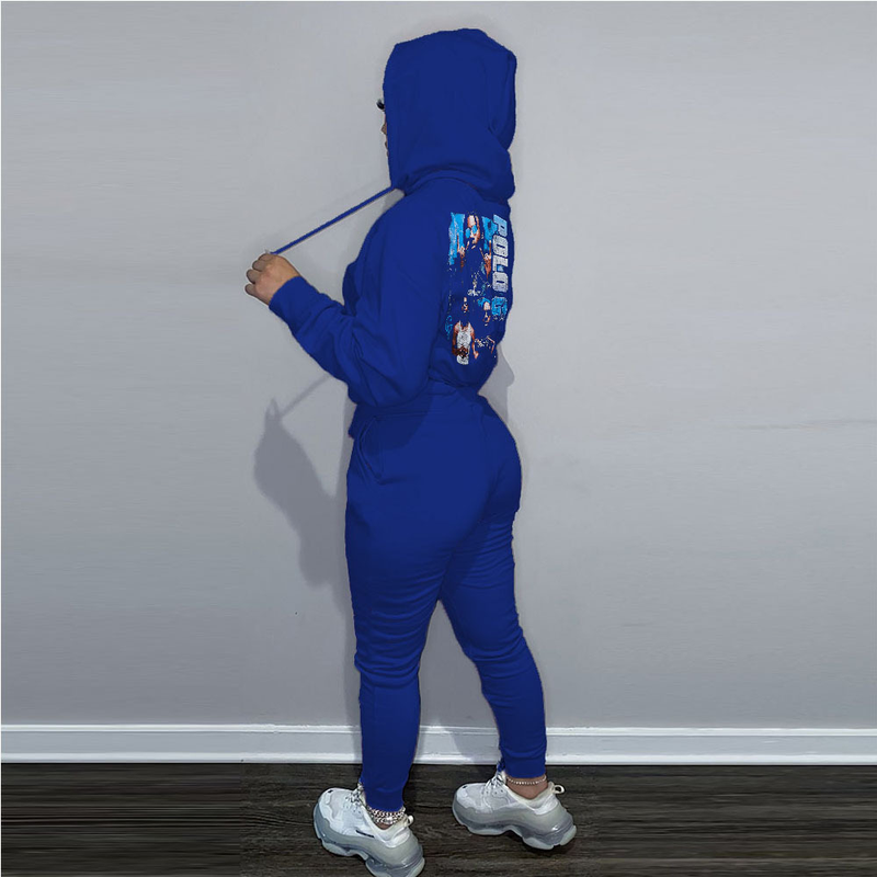 Tuta casual da donna stampata con cappuccio in pile Felpa con cappuccio in due pezzi_voghion.com