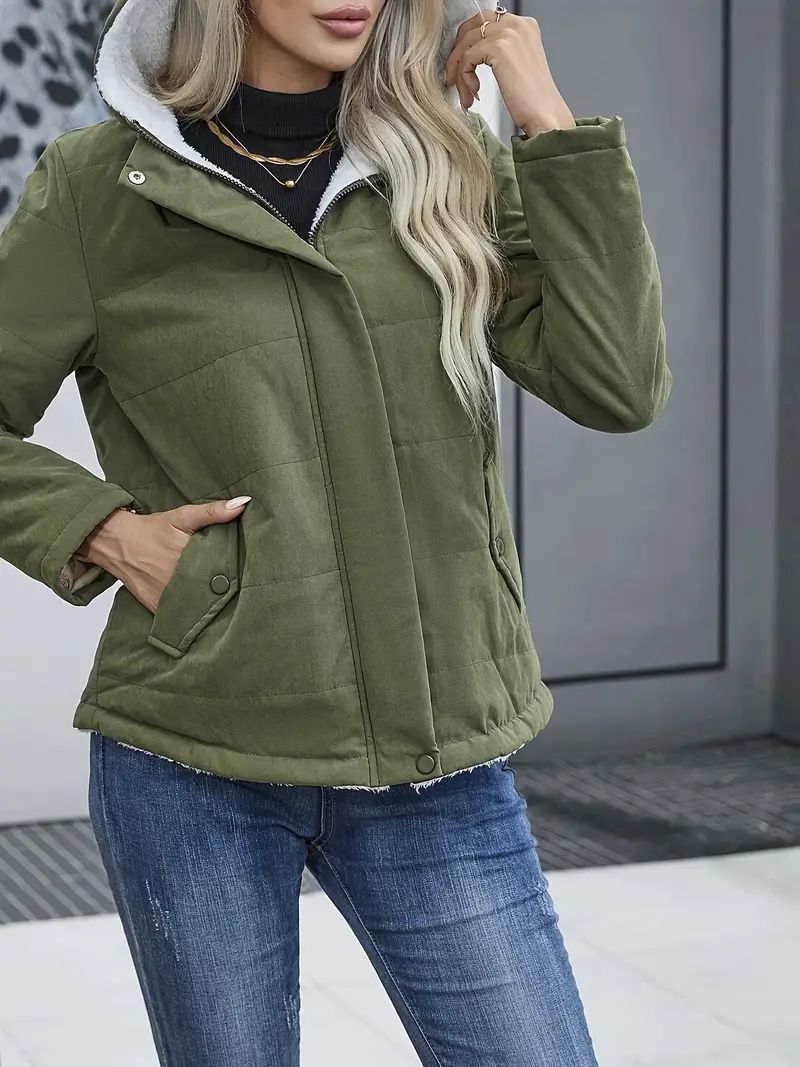 Abbigliamento da donna Giacca con cappuccio foderata in pile alla moda per donna - Cappotto casual da strada con cerniera frontale (diversi colori e taglie)_voghion.com